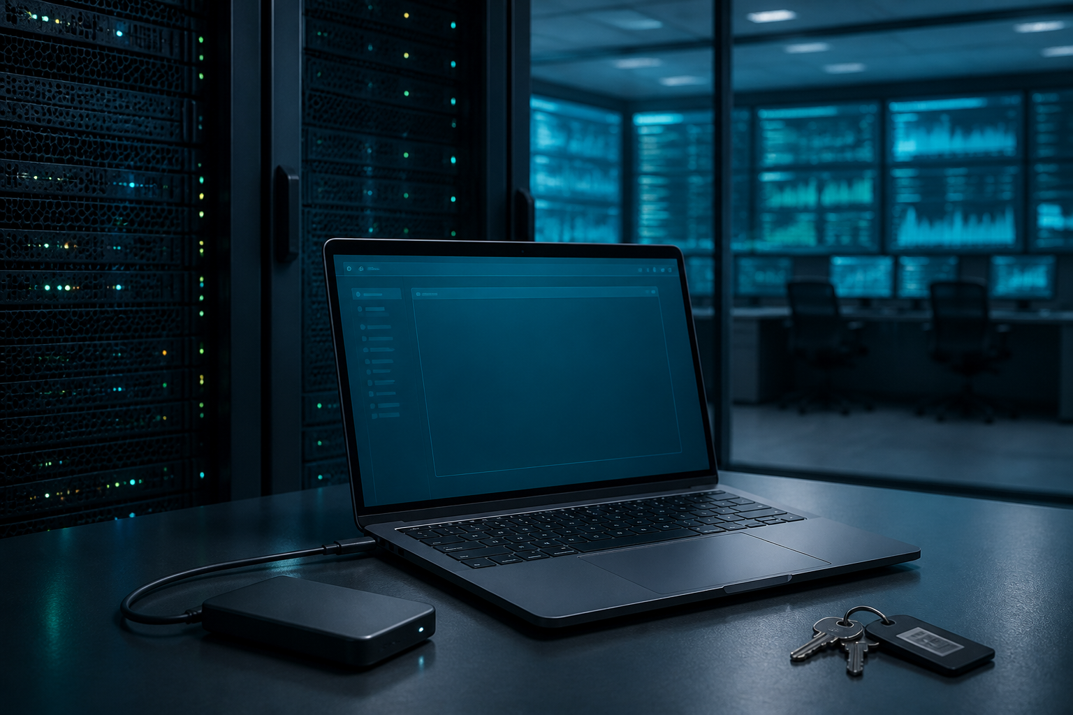 Laptop and backup drive in an operations workspace